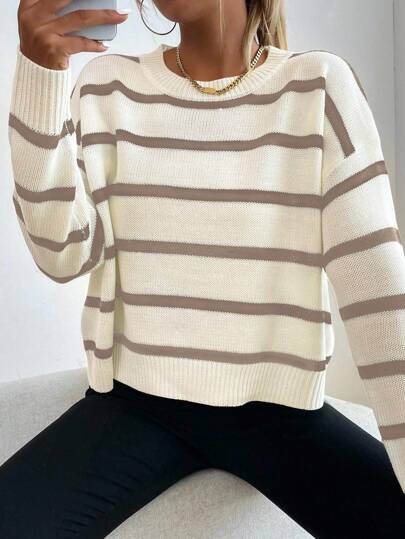 Lunelith SHEIN Lunessa Women Striped Round Neck Dropped Shoulder Long Sleeve Casual Pullover Sweater, Autumn/Winter Knit Pullover Fall