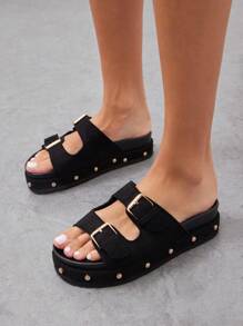 Solezae Damen Plateau-Sandalen mit Doppelschnalle, Kork-Fußbett und dicker Sohle