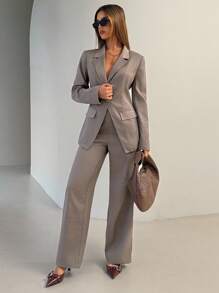 Aloruh Women's Solid Color Lapel NeckLong Sleeve Jacket And Pants Casual Suit Set,Work Outfits For Women In Fall/Winter - Camel - View 4