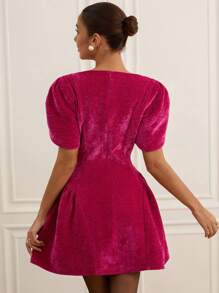BELROSIE Tulip Design Princess Style Short Sleeve Round Neck Hem Spliced A-Line Mini Dress For Women - Hot Pink - View 2