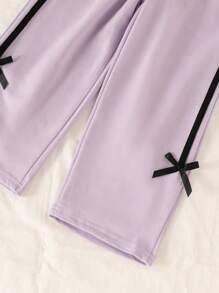 Genkimix Kids 2件套女童4-7岁时尚紫色蝴蝶结运动衫套装，2025年秋季INS运动新款休闲连帽衫和裤子套装 - 紫色 - 查看 8