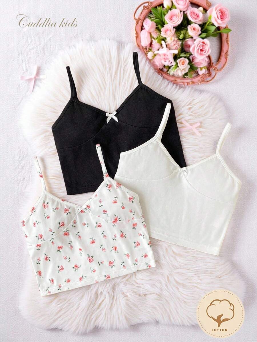 Bộ đồ ngủ 3 món cho bé gái tuổi teen - Bao gồm áo đen trắng có dây mảnh và điểm nhấn nơ ruy băng trắng tinh tế, cùng lớp lót họa tiết hoa hồng hồng nhạt viền nơ mảnh. Được làm từ cotton có thể truy xuất nguồn gốc, co giãn, có thể giặt bằng máy, vừa vặn thoải mái, thiết kế đơn giản, dễ dàng phối đồ. (3 món bán riêng) Thời trang trở lại trường - Nhiều màu - Xem 1