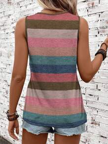 SHEIN LUNE Casual Striped Pattern Round Neck Tank Top For Women, Suitable For Summer Back To School