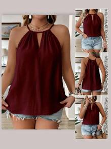 EMERY ROSE 加大码时尚勃艮第色颈带休闲宽松迷人无袖吊带背心，细肩带设计，优雅女士风格 - 酒紅色 - 查看 1
