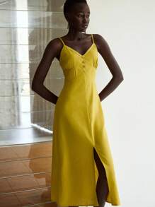 Lumivelle 女式纯色纽扣设计开衩下摆夏季亚麻优雅吊带裙 - 芥末黃 - 查看 6