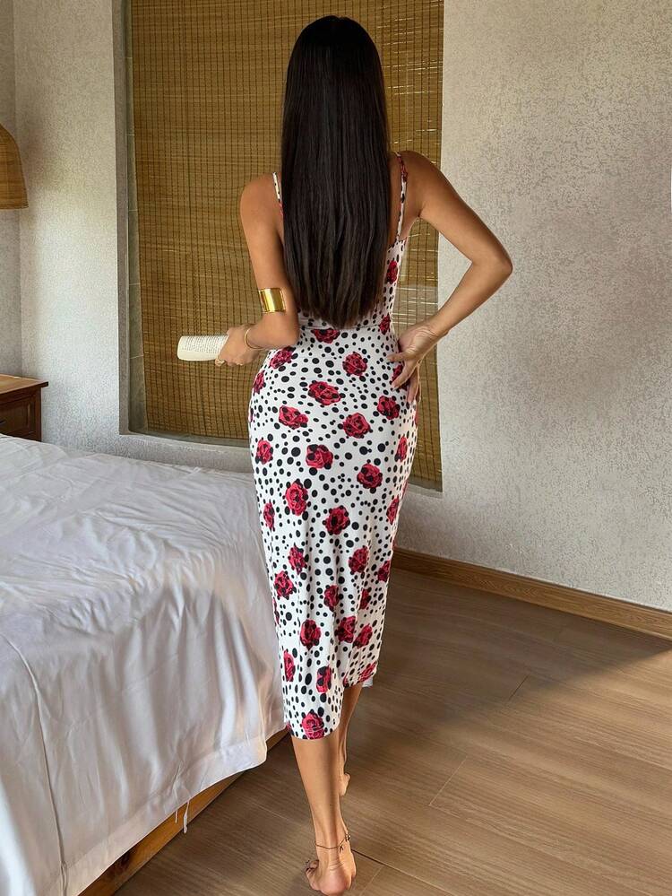 Polka Dot & Floral All-Over Print Slit Design Waist Cinched Maxi Nightgown For Women Pajama