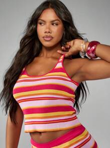 MISSGUIDED Retro Stripe Knit Tank Top Cropped Ribbed Summer Vest Y2K Festival Beach Fitted Cami Rainbow Sleeveless Crop Top