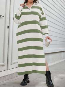 EURMUSE Plus Size Two-Tone Striped Pattern Drop Shoulder Loose Half Zip Up Oversized Sweater Dress - Mint Green - View 1