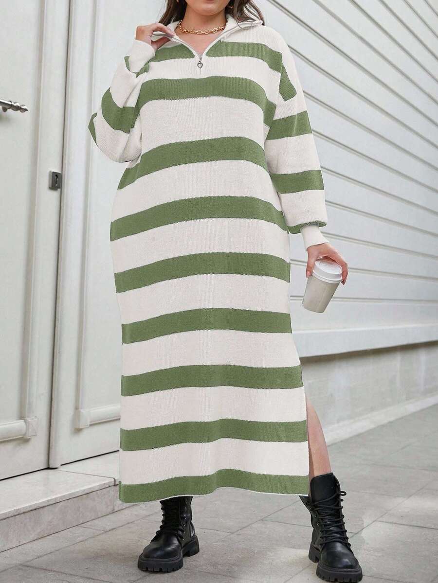 EURMUSE Plus Size Two-Tone Striped Pattern Drop Shoulder Loose Half Zip Up Oversized Sweater Dress - Mint Green - View 1