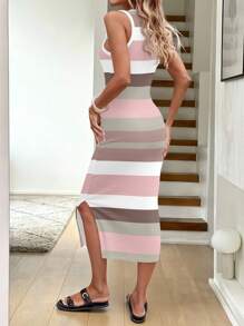 SHEIN LUNE Women's Round Neck Fitted Colorblock Striped Midi Dress, Suitable For Vacation Suitable For Going Out Chic Dress