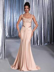 Glamrae Váy đuôi cá xếp nếp dệt kim co giãn đính hạt sequin lấp lánh sang trọng thanh lịch, thích hợp cho đám cưới, tiệc cocktail, ngày lễ, dạ hội, váy dạ hội (được tô điểm nhiều) - Màu be - Xem 4