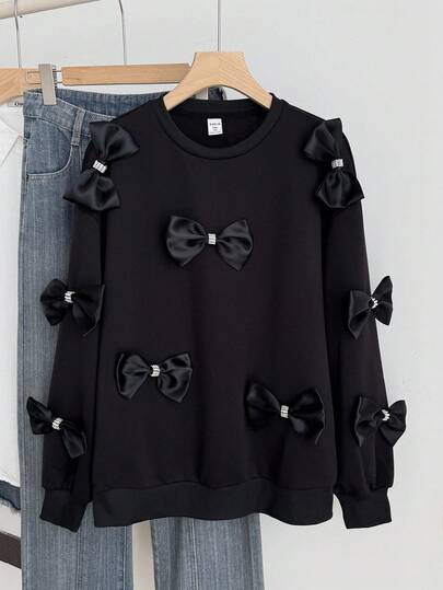 SHEIN Teens Girls Elegant Casual Everyday Oversized Bowknot Loose French Style Embellished Dropped Shoulder Sweatshirts