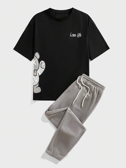 EASEVO 大码男士针织休闲圆领印花T恤和抽绳裤套装