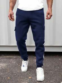 SHEIN 青少年男孩休闲条纹海军蓝和黑色织带口袋工装慢跑裤套装，适合秋季、冬季、学校、家居、日常、运动、生日派对、郊游，百搭百搭保暖内衬 - 藏蓝色 - 查看 3