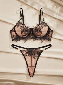 Charlaine 花卉刺繡網紗性感內衣套裝 - 彩色 - 查看 5