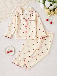 两件套可爱甜美樱桃印花长袖开衫和长裤，休闲舒适少女家居服樱桃睡衣套装，秋冬款 - 杏色 - 查看 9