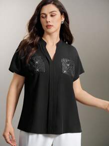 Flouryn 大碼門襟設計拼接亮片襯衫，蝙蝠袖和口袋 - 黑色 - 查看 1
