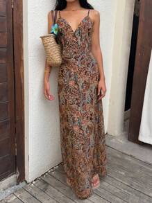 SHEIN Unity 波西米亚风佩斯利印花 V 领露背系带纽扣设计长裙 - 鏽棕色 - 查看 6