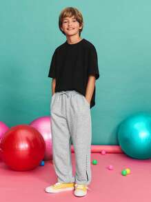 SHEIN Back To School Season Tween Boy Casual Minimalist Comfortable Mid-Waist Drawstring Letter Print Sweatpants Grey Sweatpants Tween - Grey - View 4