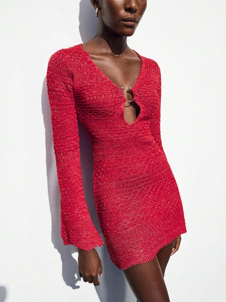 SHEIN Maija 2025 Flared Sleeve Fitted Women's Knit Dress, Suitable For Early Autumn Vacation, Party Season,4th Of July Women,Country Concert Outfit,Vintage,Teacher,Red Dress,Party,Metallic Thread,School, Red Knit Dress Red Long Sleeve Dress Hollow Out Dress Red Cover Up Swim,Fall Women Clothes,Party