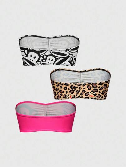 Paul Frank X ROMWE 3 pièces/Set Top court et soutien-gorge assortis avec motifs de bandes léopard et de dessins animés