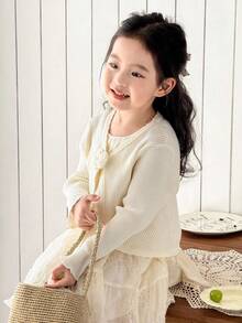 SHEIN Little Byeori 女童休闲3D立体花朵针织开衫，适合秋冬季穿着。 - 白色 - 查看 4