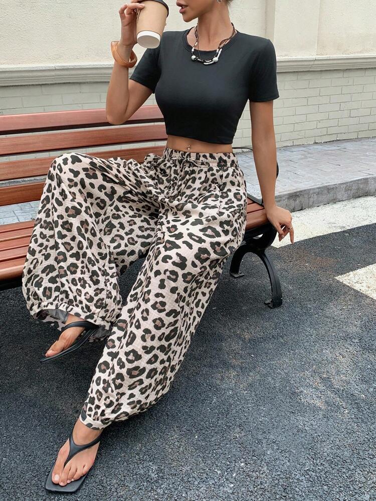 Women's Leopard Print Casual Loose Fit Wide Leg Cropped Pants