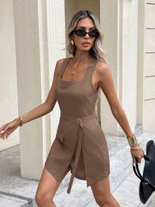 Serisse Bộ đồ liền thân không tay cổ vuông màu trơn thiết kế khóa thắt lưng cho nữ, phong cách đi làm mới mùa hè - màu nâu - Xem 7