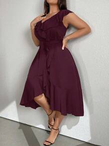 SHEIN Clasi Vestido de fiesta con cuello en V y ribete de unicolor talla grande, estilo outfit para mujer - Burdeos - Ver 4