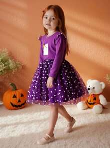 SHEIN Perso Play Kleine Mädchenkleid mit lila Mesh-Überlagerung, süßes Muster Druckdekor Puffärmel, essentiell für tägliche Ausflüge im Herbst