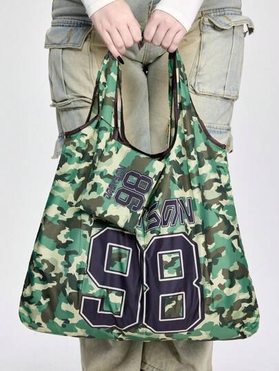 Grunge Punk Fashionable Minimalist Camouflage American Number Pattern Tote Bag, Large Capacity Portable Foldable Shopping Bag With Coin Purse 1428700