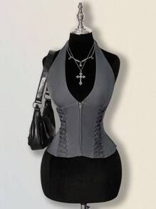 SHEIN ICON Y2k 女式 Y2K V 领外出演唱会女式演唱会黑色哥特性感侧交叉带灰色纯色拉链领深 V 时尚露背吊带背心 - 灰色 - 查看 1