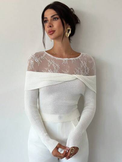 Firerie Women's Elegant Romantic Casual Commute Versatile White Long Sleeve Lace Splice Twist Collar Fitted Knit Sweater, Autumn