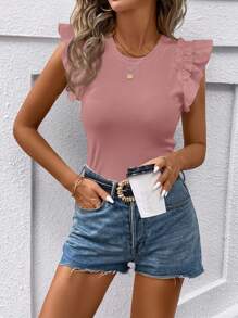 SHEIN Clasi 女士休闲日常纯色罗纹荷叶边袖孔修身T恤，夏季荷叶边袖上衣玫瑰上衣可爱上衣夏季上衣女上衣短袖上衣