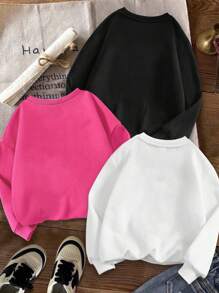 SHEIN Leap Crew 3pcs/Set Tween Girl Casual Minimalist Thermal Lined Loose Fit Round Neck Thick Hoodies, Suitable For Autumn & Winter - Multicolor - View 2