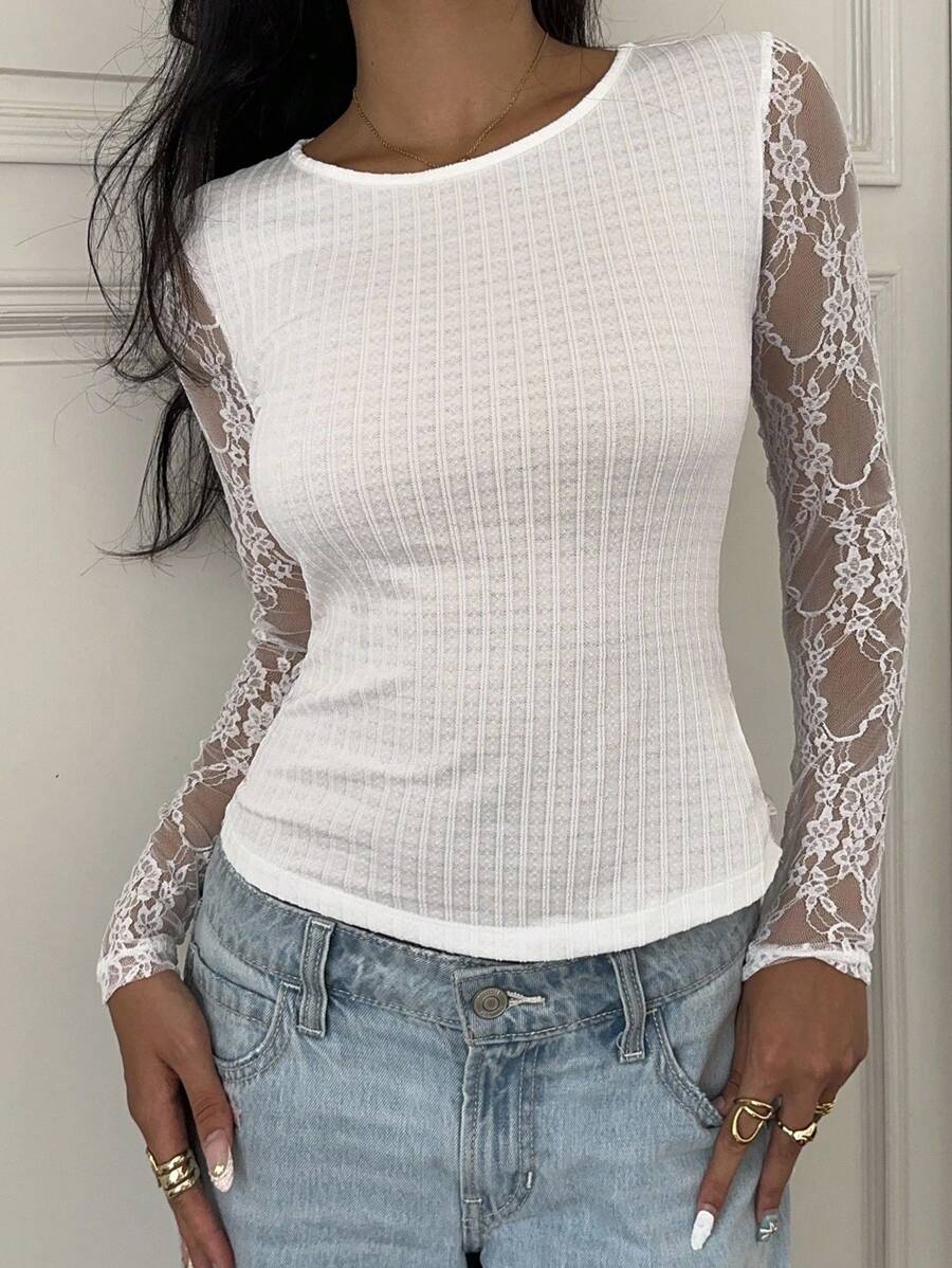 SHEIN EZwear 白色针织修身女式T恤，撞色蕾丝长袖