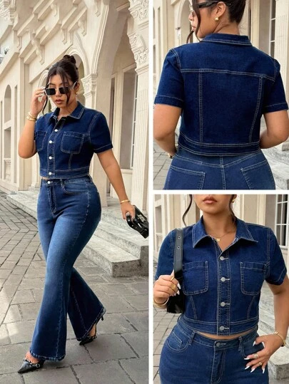 Jeanoix 大码女式春夏牛仔短袖夹克