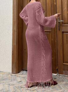 乳白色超长流苏设计镂空休闲风格罩衫女士罩衫 - 藕粉色 - 查看 2