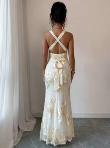 Rafferiza Mesh Floral Bodycon Long Dress For Women Summer Dress Looks Of Party - Yellow - View 2