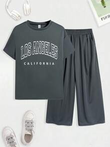 SHEIN Teen Girls Letter Embossed Grey Pants & Short Sleeve 2-Piece Set, Casual, Comfortable, Fashionable, Versatile, Soft Fabric, Suitable For Daily Wear, School, Outings, Outdoor Activities Teen T Shirt And Pants Teen Girl Lounge Wear Teen Two Piece Set Teen Sweat Pants Set - Grey - View 2