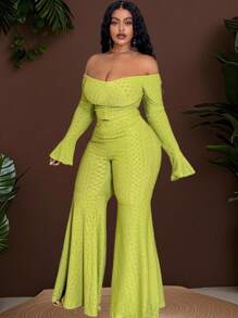 Veslaya 2pcs Plus Size Women's 2025 Spring & Summer Off Shoulder Elegant Flared Sleeve Top And Wide Leg Pants Set Women Clothes Women Plus Clothing Formal Women Summer Clothing Women Casual Dress - Green - View 2