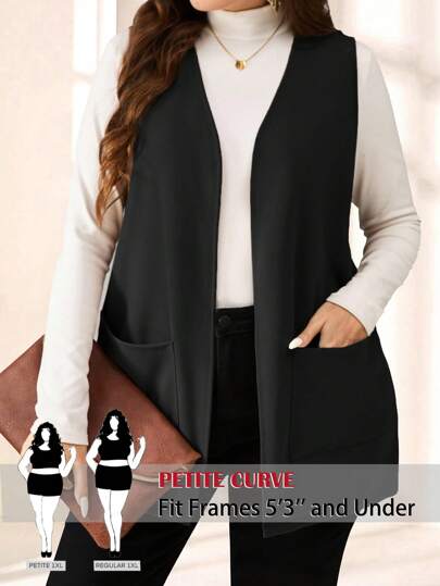 SHEIN PETITE CURVE Abrigo sencillo y casual de unicolor sin mangas y holgado con bolsillo, para primavera/verano, vacaciones en otoño/invierno, primavera, Día de San Valentín, graduación para la madre, color negro, con bolsillo