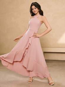 Teenage Ruffled Asymmetrical Hem Dress, Suitable For Parties, Banquets, Hosting Events, Summer Criss-Cross Backless Dress - Pink - View 7