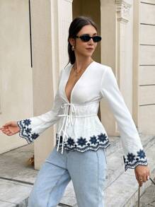 Serisse 女式深V领刺绣系带喇叭袖性感衬衫