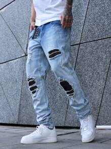 Manfinity EMRG 男式浅蓝色做旧贴布弹力紧身牛仔裤 - 淺色水洗藍 - 查看 7