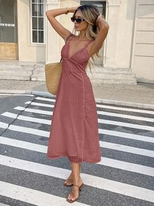 SHEIN Frenchy Váy dài vừa phải xẻ tà xẻ tà màu trơn dành cho nữ, đi nghỉ - Gỗ đỏ - Xem 7