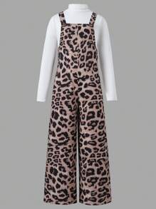 SHEIN 1 件 Tween Girl 时尚豹纹连体裤，不含 T 恤 - 棕色 - 查看 3