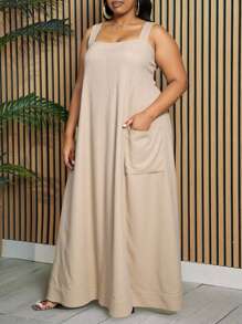 Slaydiva 2025 新款春夏女装大码秋季/返校/开学服装/Y2K/工作/办公室/户外服装/机场服装/毕业约会/优雅度假/街头风格女士度假服装宽松卡其色吊带带口袋，大码廓形A摆长裙 - 卡其色 - 查看 6