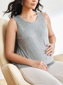 BloomMama Maternity Solid Color Round Neck Nursing Camisole Loungewear - Grey - View 5