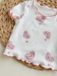 4pcs Baby Girl Ribbed Ruffle Trim Cartoon Print Short Sleeve Top And Long Pants Pajama Set, Breathable And Moisture-Wicking Graphic - Pink - View 4